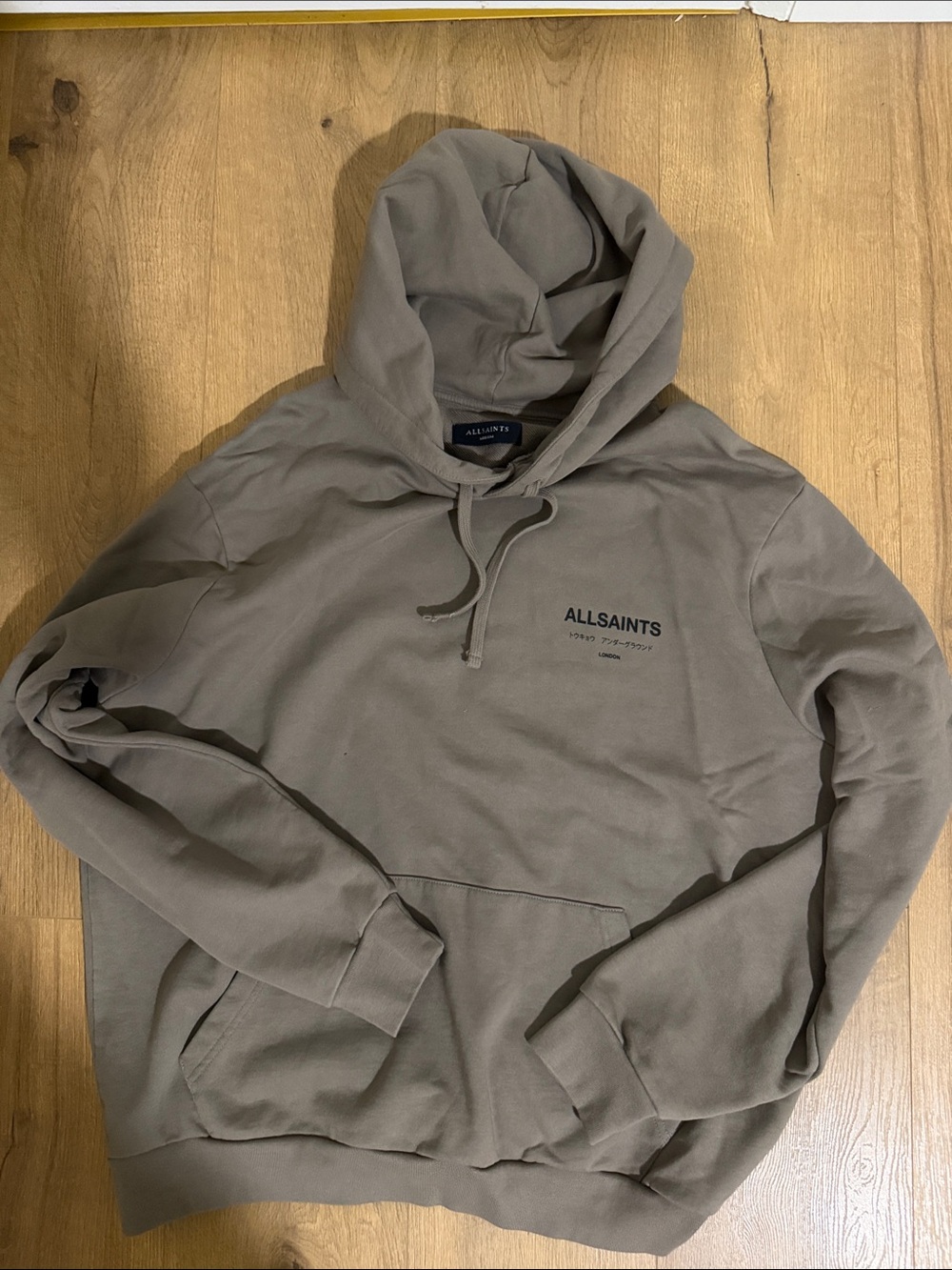 AllSaints Men's Taupe Pullover Hoodie with Logo